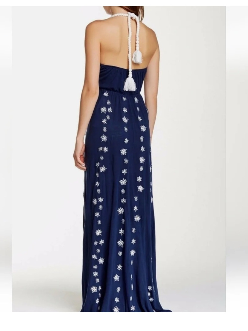 Letarte Handmade Navy Blue Embroidered Maxi Dress with Rope Halter NEW - Picture 2 of 8
